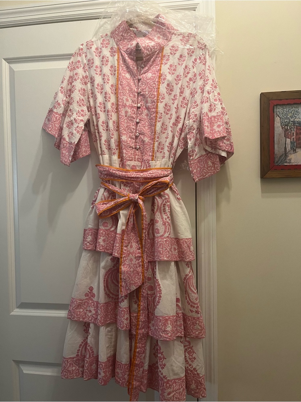 Sue Sartor Pink & White Tiered Floral Midi Dress with Sash